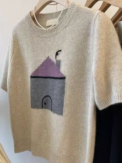 溫柔感爆棚！小屋插畫短袖針織毛衣6