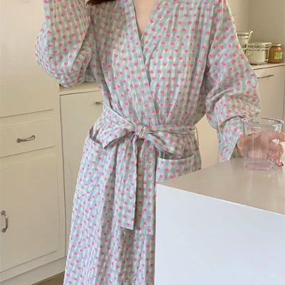 日式和服款 愛心格子純棉睡袍2