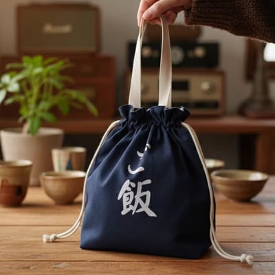 日式「ご飯」加厚帆布雙層隔熱便當袋｜抽繩束口大容量手提飯盒袋1