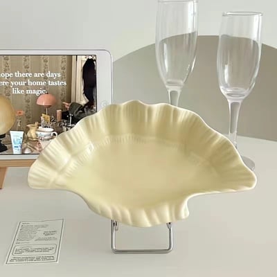 法式復古貝殼陶瓷盤 奶油色 ins 風甜品茶盤家用點心餐盤8