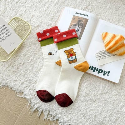 黃油小熊波點滾邊邊綿襪組3入5