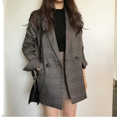 韓系復古雙排扣格紋西裝外套3