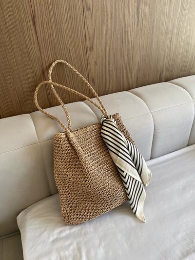 韓系森系草編托特包 大容量慵懶風單肩包9