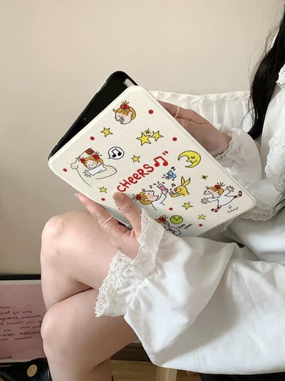 淘氣女孩 米白色小女孩插畫風iPad平板保護套2