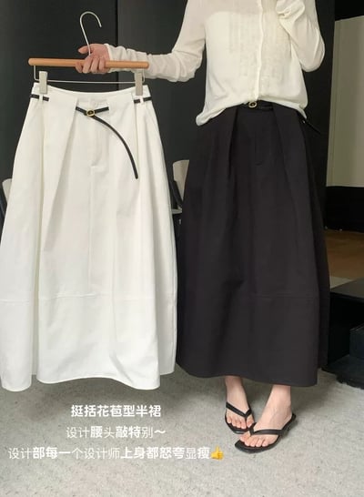 韓系設計感花苞 氣質百搭顯瘦中長裙 附皮帶1