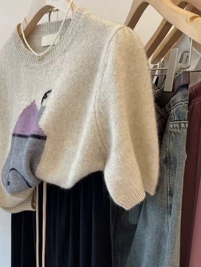 溫柔感爆棚！小屋插畫短袖針織毛衣3