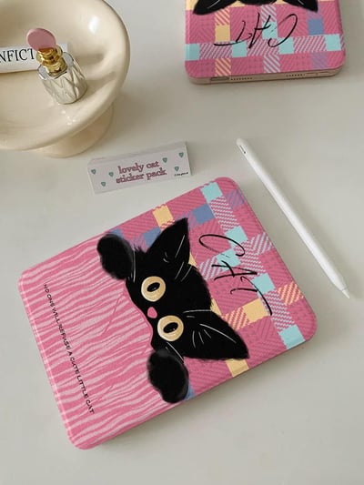 口袋黑貓 粉色格紋萌萌小黑貓平板保護套6