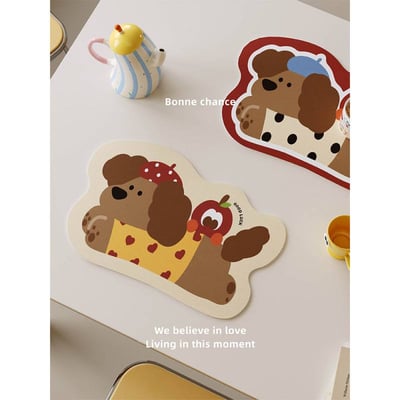 卡通豪可愛的臘腸狗 防水防油免洗皮革餐墊2入2