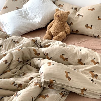 雙11限定優惠組 輕奢可愛卡通水洗棉四件套 復古臘腸狗圖案床包組5