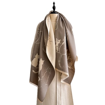 秋冬歐款小貓圖騰雙面仿羊絨感圍巾1