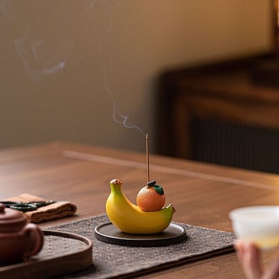 桌上有橙蕉  賣貨都成交 香蕉橘子造型線香座 中式茶桌擺件 附木製底盤4