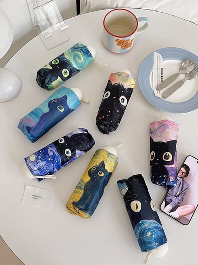 油畫系列可愛貓咪傘 UPF50+黑膠防曬 五折迷你口袋傘12