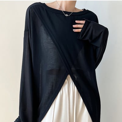 冰絲舒適設計感交叉下擺正反兩穿輕薄上衣1