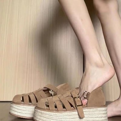 日系復古草編厚底羅馬涼鞋1