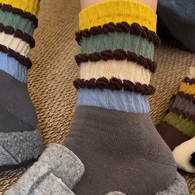韓系復古配色堆堆襪中筒襪 5雙組2