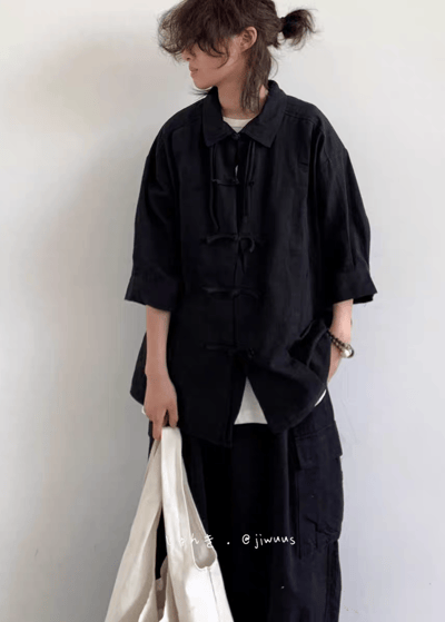 夏季新中式復古盤扣襯衫 純色寬鬆唐裝 男女國風短袖上衣4