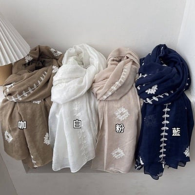 民族風茉莉花刺繡棉麻圍巾 防曬披肩兩用圍巾6
