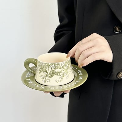 生日禮物 綠色鈴蘭花高級感咖啡杯套裝3