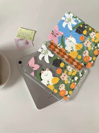油畫貓 小貓與花朵油畫風iPad平板保護殼3