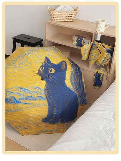 梵高風格文藝貓咪自動晴雨傘6