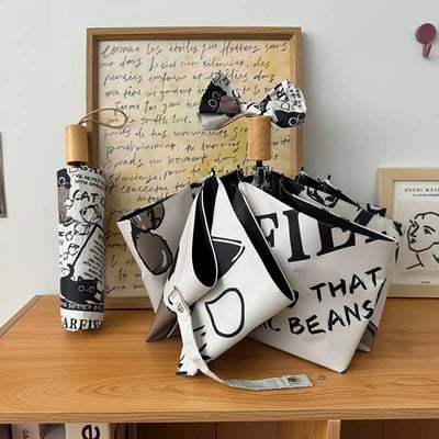 咖啡與貓 黑貓插畫風折疊晴雨兩用自動傘2