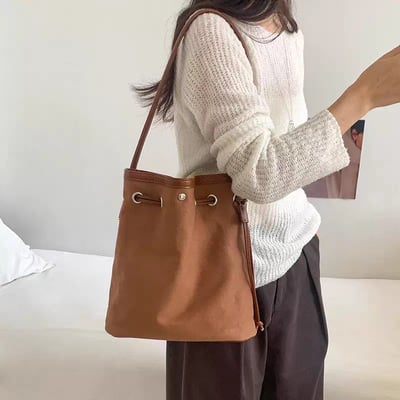 韓系ins抽繩水桶包 大容量帆布單肩包 通勤必備2