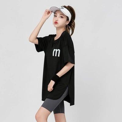 真的太懂我們的 夏季寬鬆大尺碼運動中長版 短袖健身瑜珈服兩件套裝1