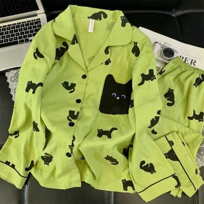 綠色萌貓口袋俏皮黑貓睡衣套裝4
