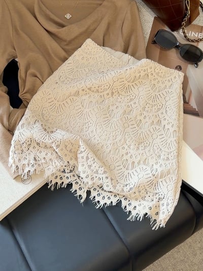 美拉德復古法式鏤空鉤花蕾絲高腰短裙 A字包臀氣質半身裙7
