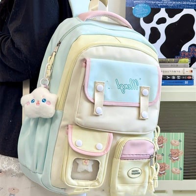 日系甜美拼色雙肩包 高顏值軟萌大容量書包背包3