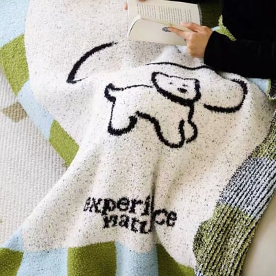 溫柔系毛毯可愛小狗插畫  淺綠條紋拼接半邊絨毯2