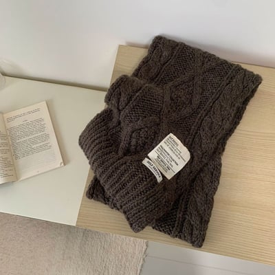 穿搭神器 韓系質感貼布標麻花羊毛圍巾6
