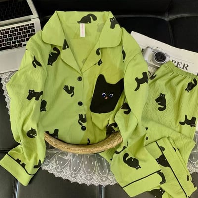 綠色萌貓口袋俏皮黑貓睡衣套裝1