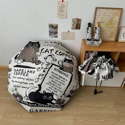 咖啡與貓 黑貓插畫風折疊晴雨兩用自動傘4