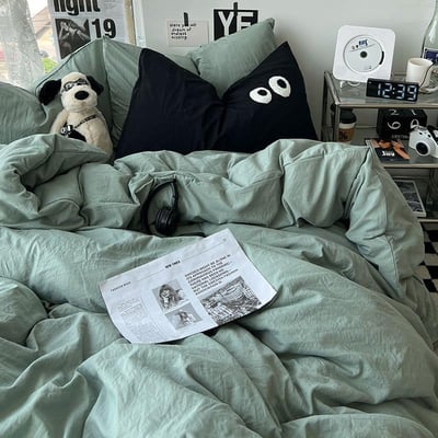 簡約純色 大眼睛水洗棉四件床包組5