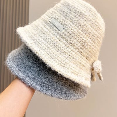 冬日質感系 日系蝴蝶結毛線水桶帽3