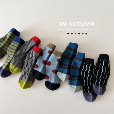 秋冬兒童拼色趣味中筒襪 男童波點條紋款5雙組2