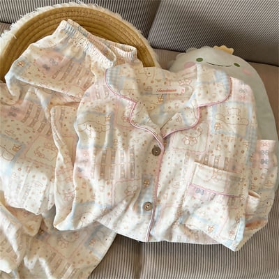 日系甜美溫柔奶油格可愛款長袖睡衣家居服套裝4