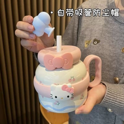 大容量桌雲朵吸管蓋便攜手柄款 貓貓陶瓷內膽大肚保溫杯6