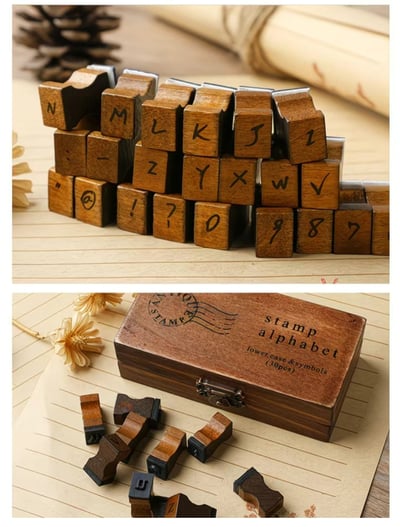 文青手作必備 復古木盒英文印章 70枚 字母×數字×符號全套3