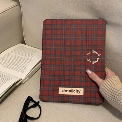 Be good 紅格紋三折式潑墨愛心iPad平版保護套3