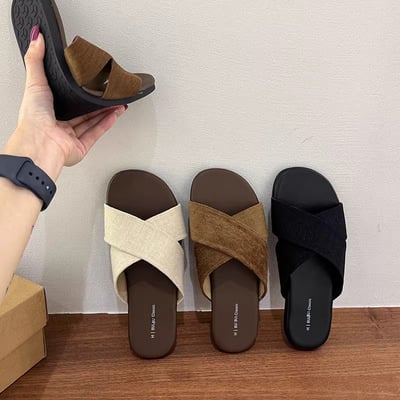 夏季新款交叉帶亞麻平底拖鞋1