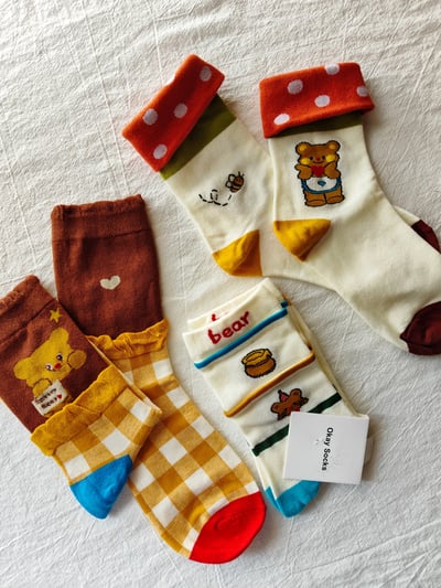 黃油小熊波點滾邊邊綿襪組3入6