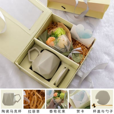 極簡高級感陶瓷馬克杯禮盒｜附杯蓋＋湯匙＋香皂花束1