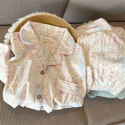 日系甜美溫柔奶油格可愛款長袖睡衣家居服套裝5