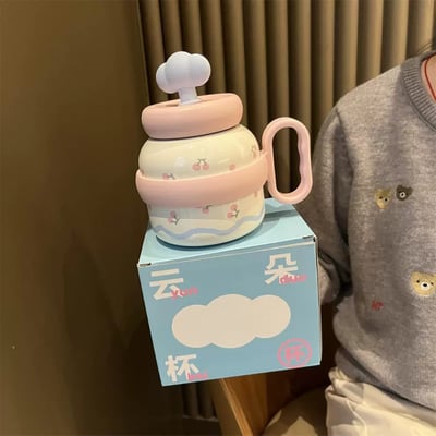大容量桌雲朵吸管蓋便攜手柄款 貓貓陶瓷內膽大肚保溫杯3