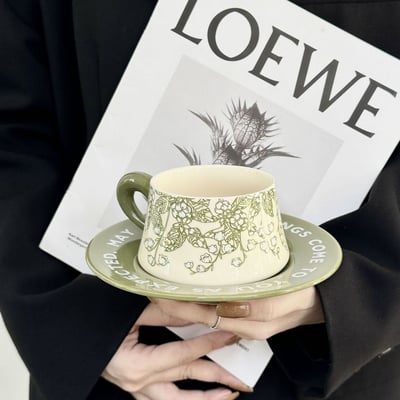 生日禮物 綠色鈴蘭花高級感咖啡杯套裝2