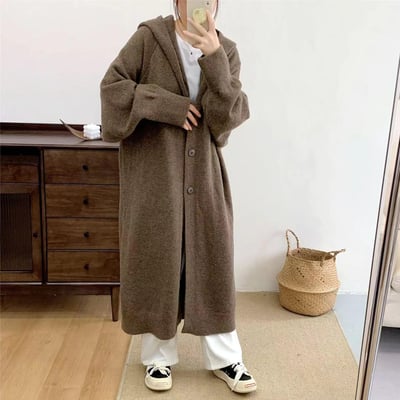 日系高級感連帽長版針織開衫 秋冬慵懶寬鬆顯瘦外套1