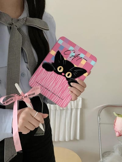 口袋黑貓 粉色格紋萌萌小黑貓平板保護套1