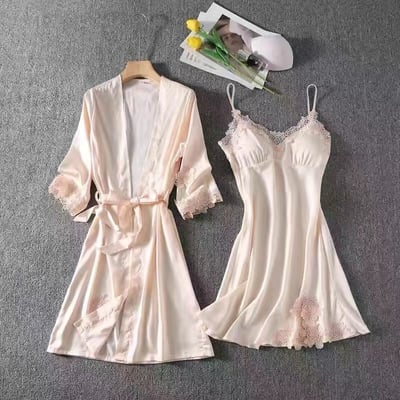 夏季短袖冰絲居家蕾絲有胸墊睡衣組   買1送1  現貨免運4